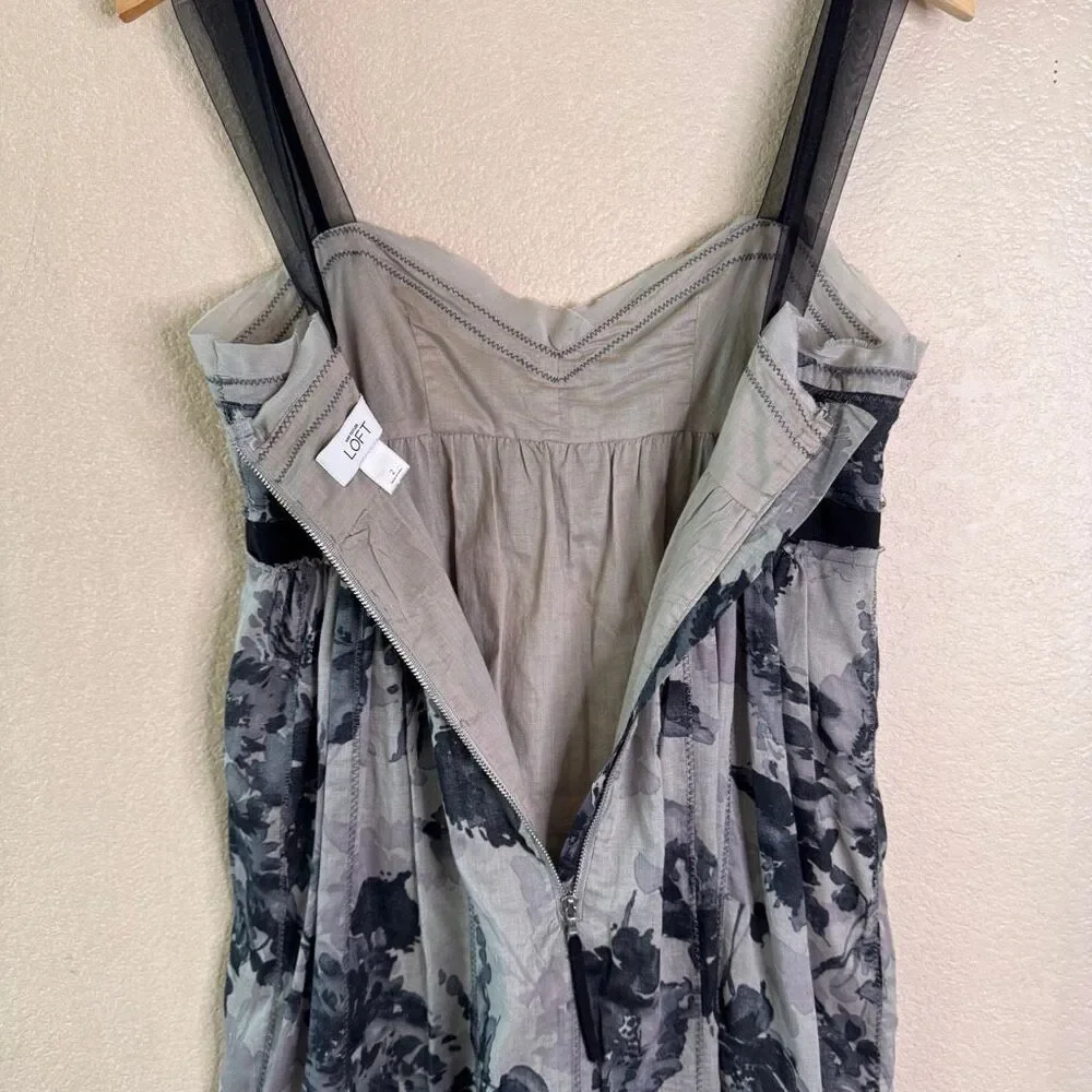 Ann Taylor LOFT Empire Waist Dress Gray Black Floral Sz 2 Whimsigoth Dark Fairy